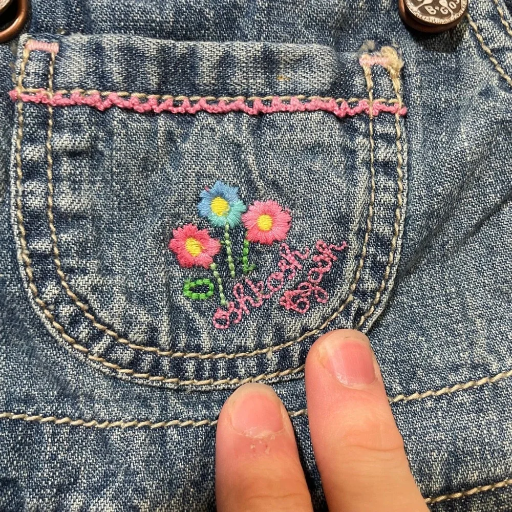 OshKosh B'gosh Overall Jumper Baby Girl Floral Embroidered Denim Dress 12M